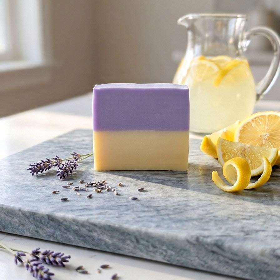 A two-toned purple and yellow Lavender Lemonade donkey milk soap bar resting on a marble slab, surrounded by fresh lemons and lavender sprigs.