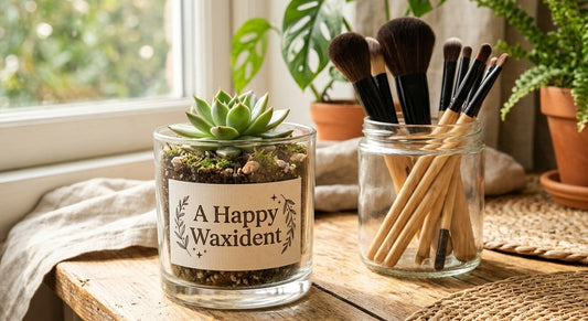 Upcycled jars with a succulent and makeup brushes | A Happy Waxident