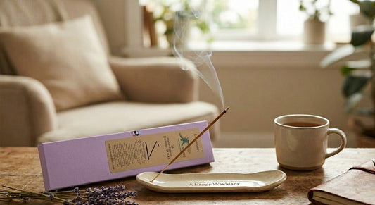 A lit lavender incense stick emitting smoke on a ceramic holder shaped like a skateboard, next to a purple box of 'A Happy Waxident' incense sticks, a mug of tea, dried lavender flowers, and a notebook on a rustic wooden table.