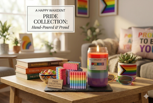 A Happy Waxident's Hand-Poured Pride Collection featuring a lit layered rainbow candle and striped rainbow donkey milk soap on a coffee table with Pride decor.
