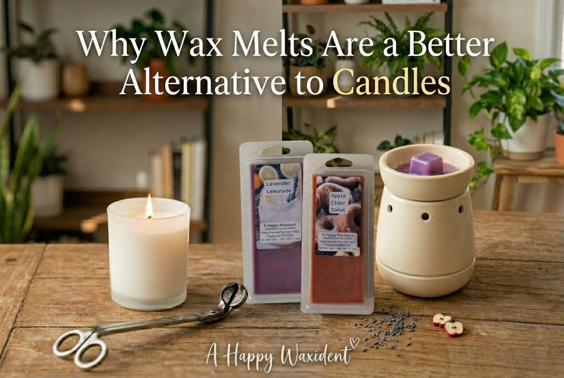 White candle vs. wax warmer with melts, and 'A Happy Waxident' text below, on a wooden table.