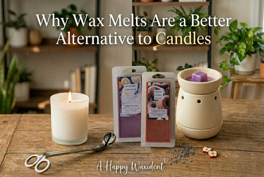 White candle vs. wax warmer with melts, and 'A Happy Waxident' text below, on a wooden table.