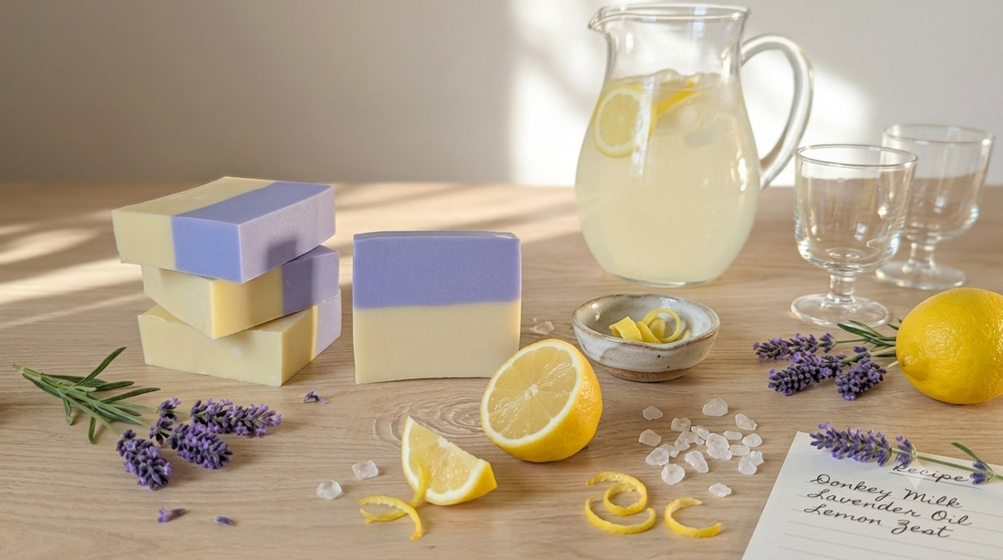 A Happy Waxident's hand-poured Lavender Lemonade donkey milk soap sitting next to fresh lavender sprigs and a lemon slice