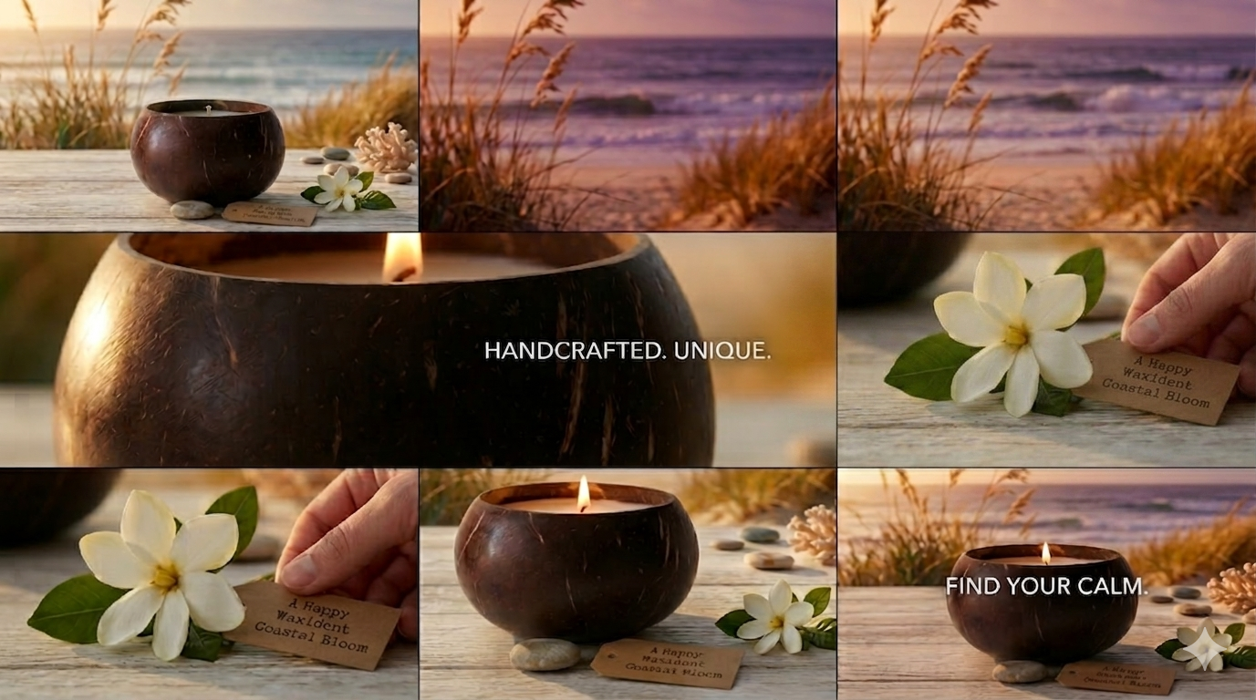 Handcrafted coconut bowl candle lit on a weathered wooden surface against a calming sunset beach backdrop, styled with white tropical flowers, sea stones, and a "Coastal Bloom" tag.