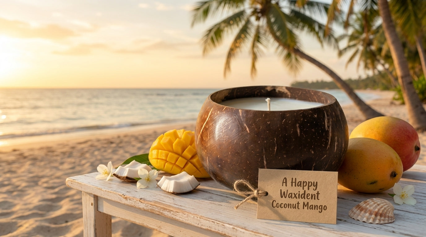 A Happy Waxident Coconut Mango candle in a natural coconut shell on a beach table with fresh mango and coconut.