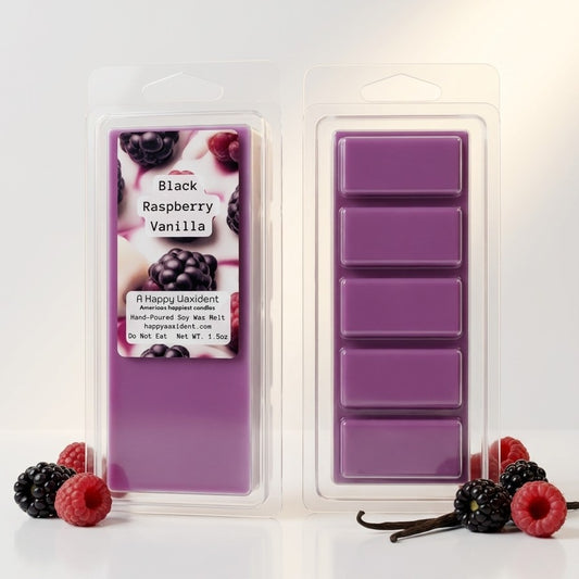 Purple wax melts in packaging with a label for 'Black Raspberry Vanilla' on a white background.