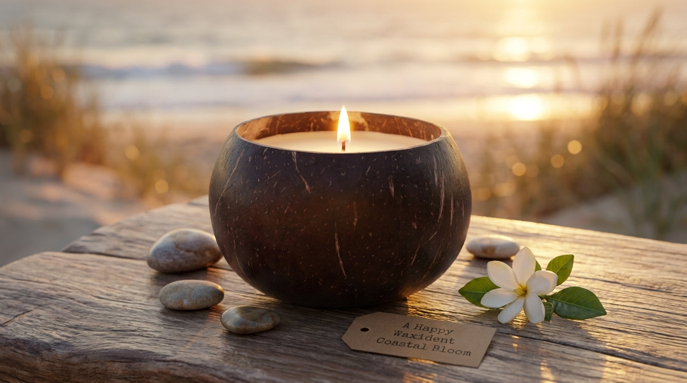 A Happy Waxident Coastal Bloom candle lit in a natural coconut shell on a rustic wooden table by the beach.