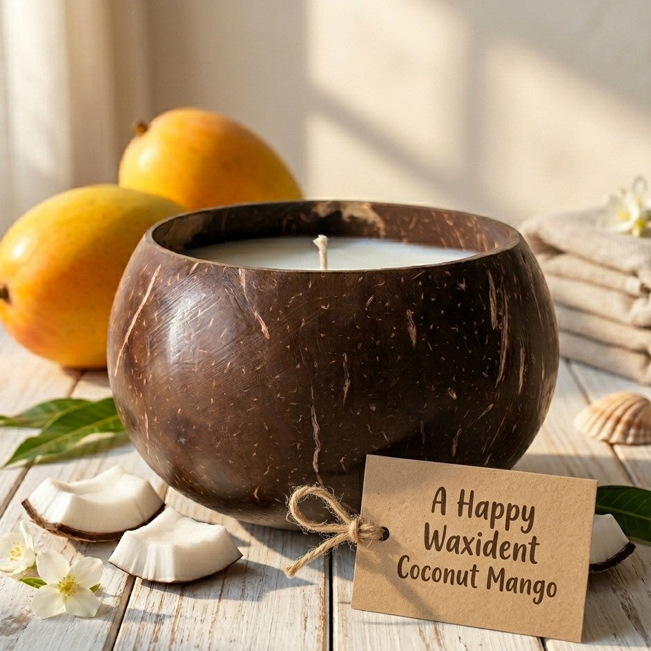 Hand-poured Coconut Mango soy wax candle, 13oz glass jar, A Happy Waxident brand.