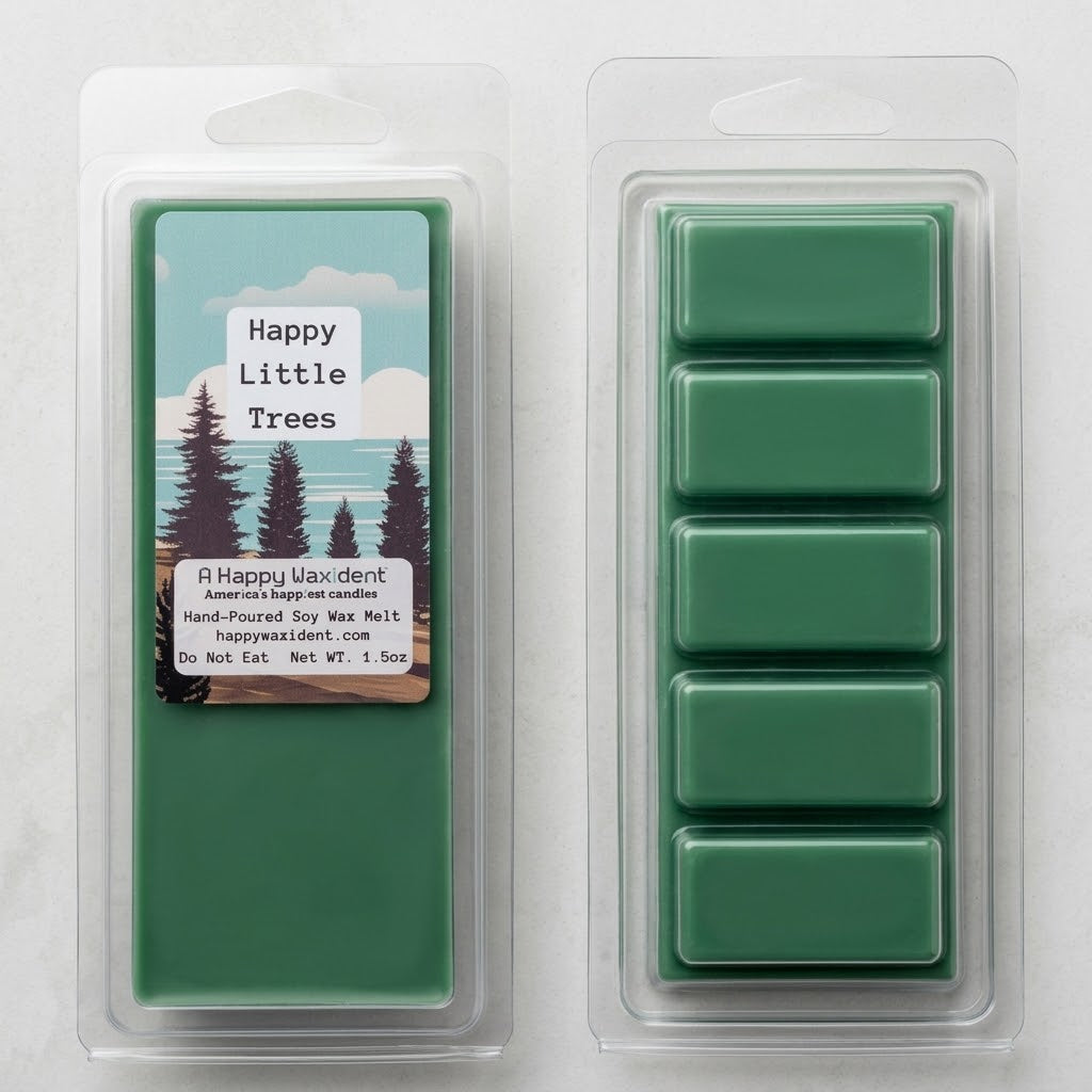 Green wax melts in packaging with a 'Happy Little Trees' label on a light gray background
