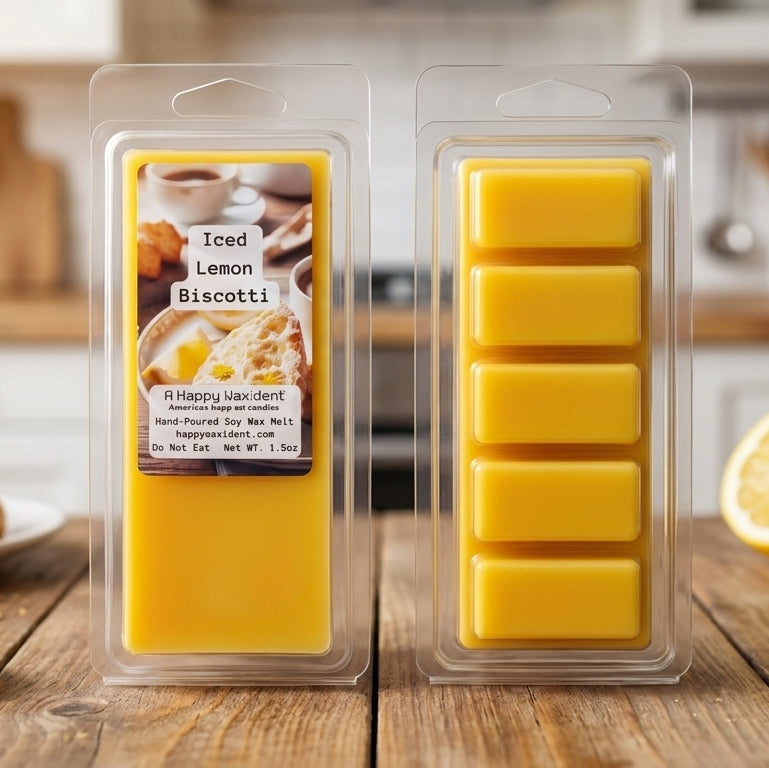 Two packages of yellow wax melts on a wooden surface with a blurred kitchen background.