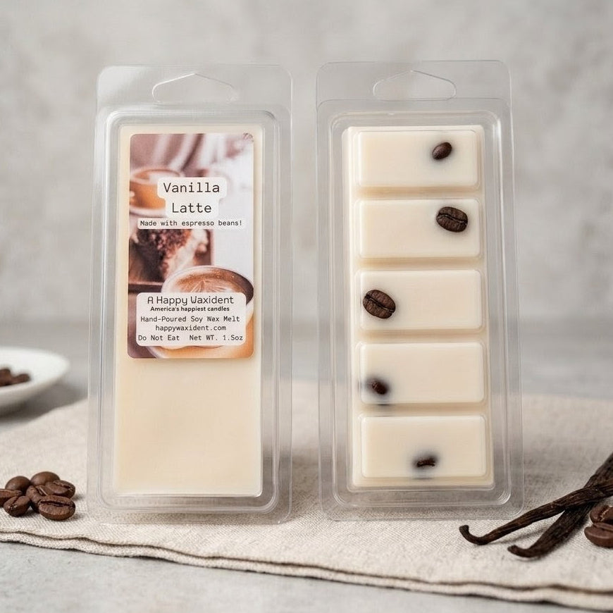 Vanilla Latte wax melts in packaging with vanilla beans and coffee beans on a neutral background