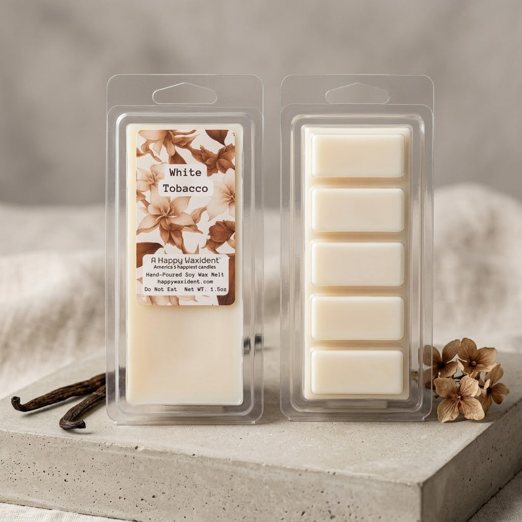 Two packages of wax melts labeled 'White Tobacco' on a neutral background