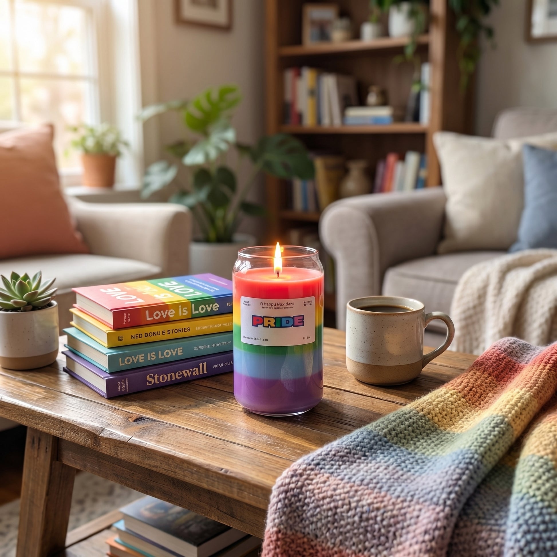 Candle with 'Pride' label on a coffee table in a cozy living room.
