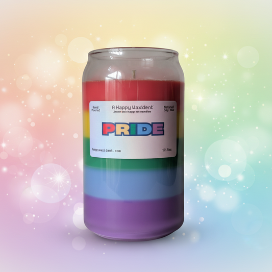 Candle in a rainbow-colored can with 'PRIDE' label on a colorful background