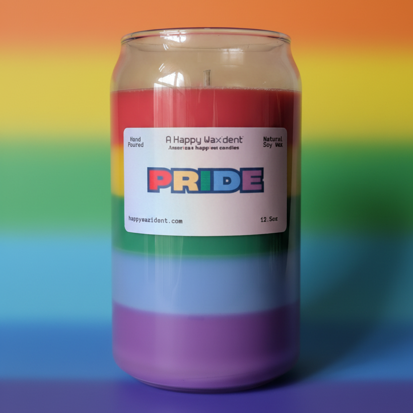 Candle in a rainbow-colored glass can with a Pride label against a rainbow background