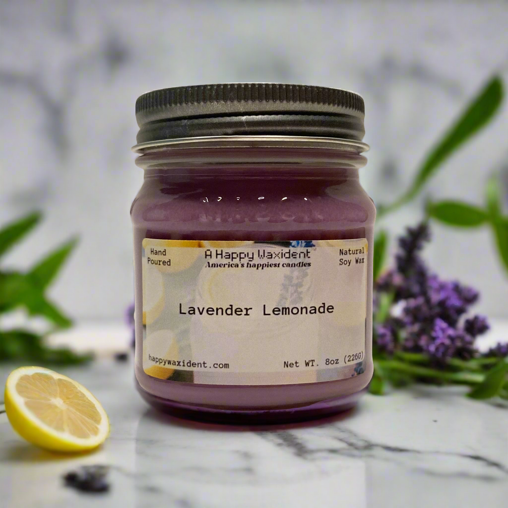 Lavender Lemonade 8oz Mason Jar Candle on Marble Countertop 