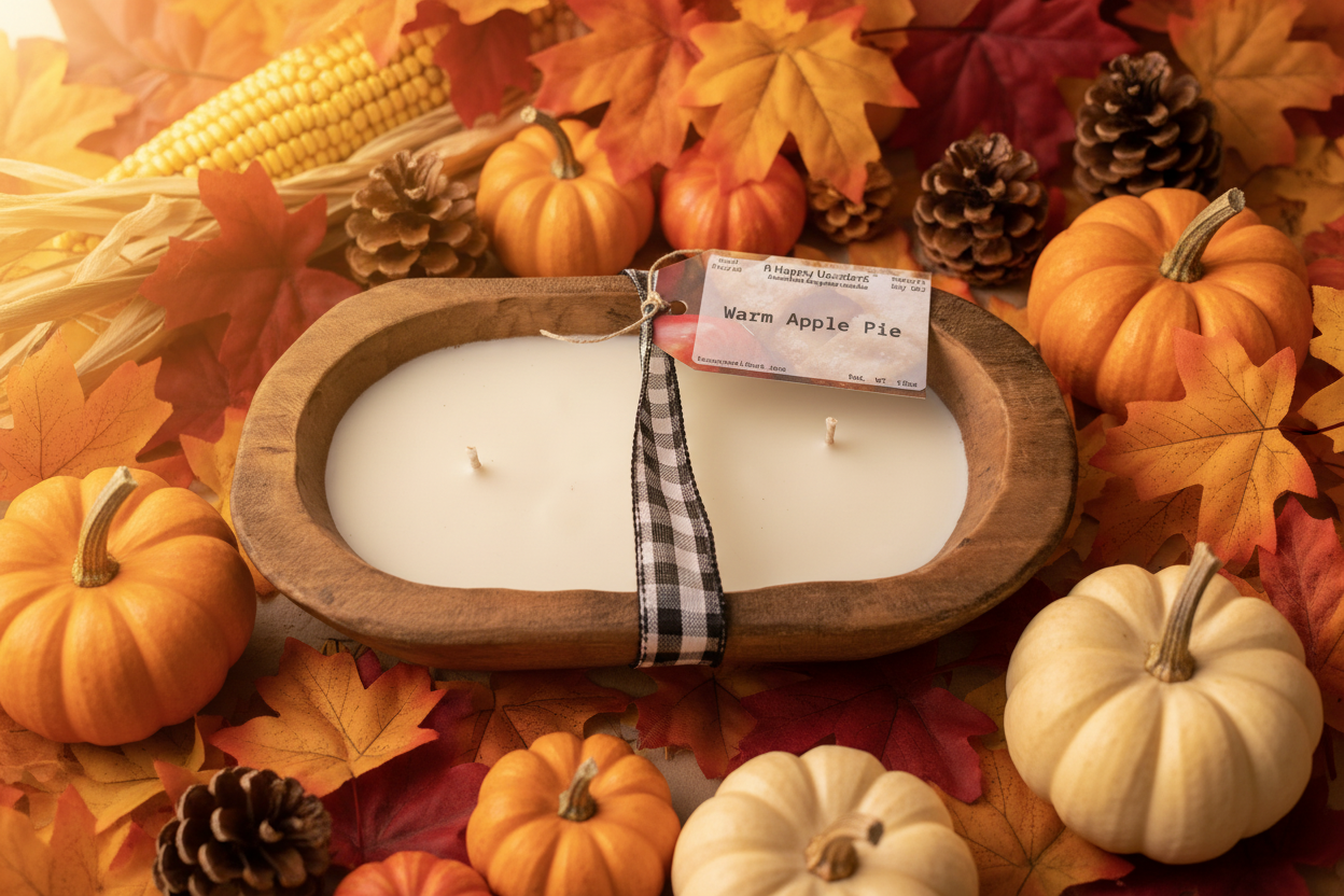 Candle in a wooden holder with a label on a bed of autumn leaves and pumpkins.