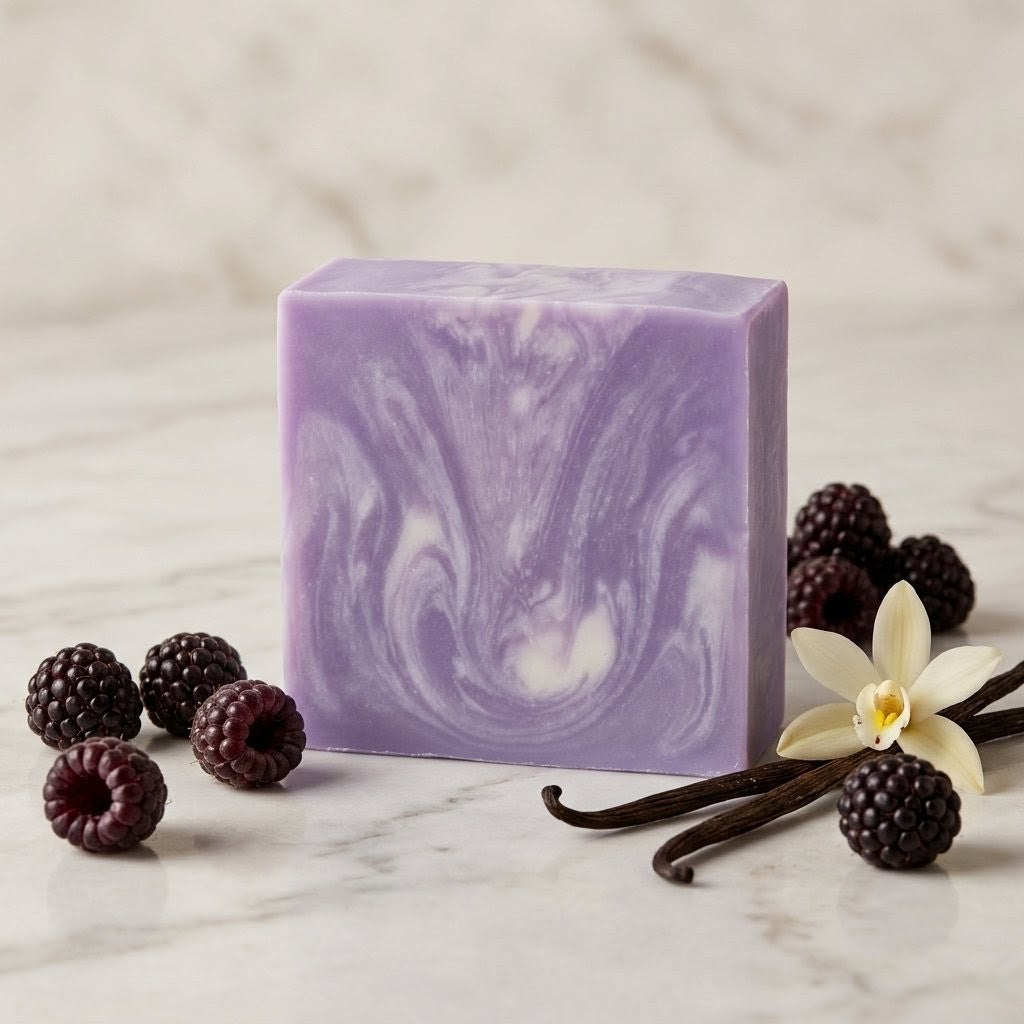 A single square, light purple swirled donkey milk soap bar resting on a white marble surface alongside plump blackberries, vanilla bean pods, and a fresh vanilla blossom.