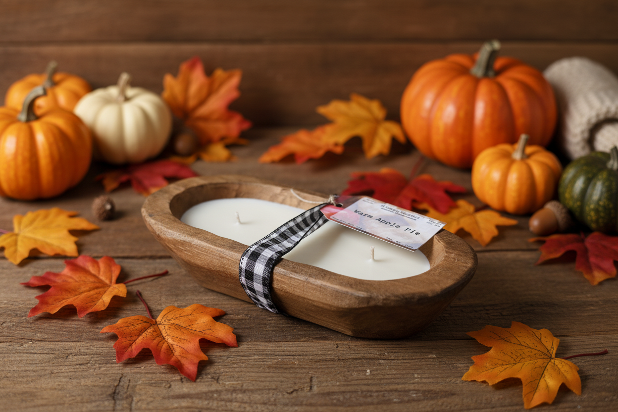 Wooden bowl with a candle, surrounded by pumpkins and autumn leaves on a wooden surface.