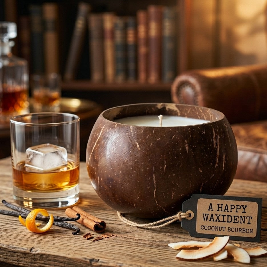 Hand-poured Coconut Bourbon soy wax candle, 13oz jar, A Happy Waxident.