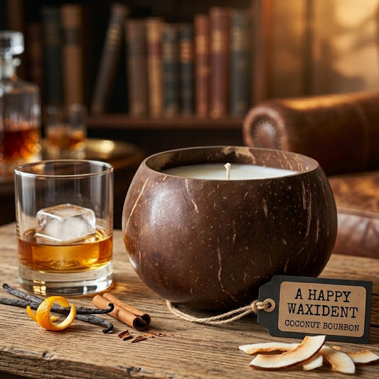 Hand-poured Coconut Bourbon soy wax candle, 13oz jar, A Happy Waxident.
