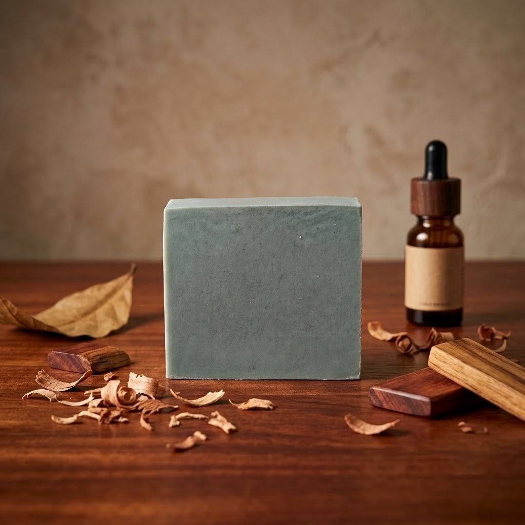 A single green Mahogany Teakwood donkey milk soap bar resting on a rich wooden surface, surrounded by rustic wood shavings, a dried leaf, and a brown glass dropper bottle.