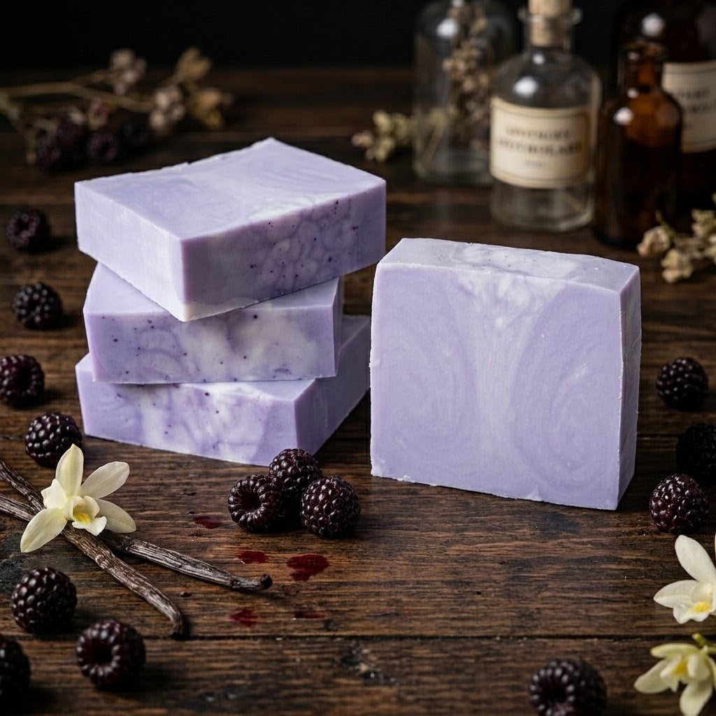 A stack of three purple and white swirled donkey milk soap bars resting next to a single upright bar on a dark wooden table, surrounded by fresh blackberries, vanilla pods, and vanilla flowers.