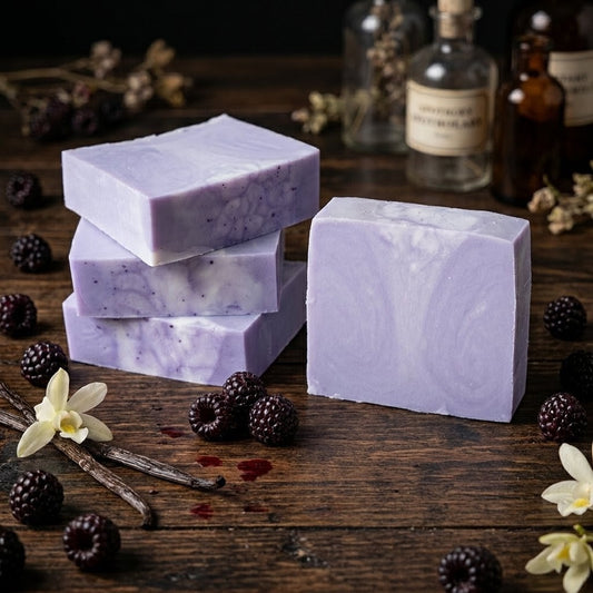 A stack of three purple and white swirled donkey milk soap bars resting next to a single upright bar on a dark wooden table, surrounded by fresh blackberries, vanilla pods, and vanilla flowers.