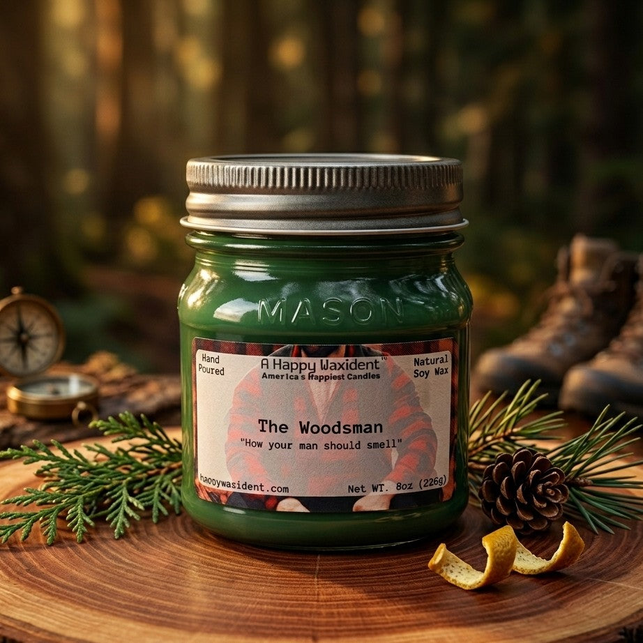 A green 8oz Mason jar candle labeled "The Woodsman" sitting on a rustic wood slice. The candle is surrounded by pine branches, a pinecone, orange peel, and a vintage compass, set against a soft-focus evergreen forest background.
